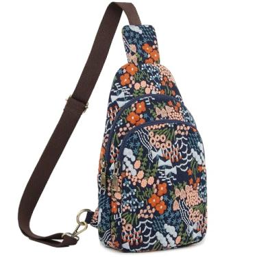 Imagem de SILKAREA Bolsa tiracolo de lona para mulheres, bolsa tiracolo pequena, mochila de viagem, caminhada, peito (16 - bordado azul)