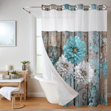 Imagem de Cortina de chuveiro floral rústica sem gancho com forro de encaixe, flores de dália branca azul-petróleo e cortinas de chuveiro de borboleta, cortina de chuveiro de tecido de fazenda transparente para