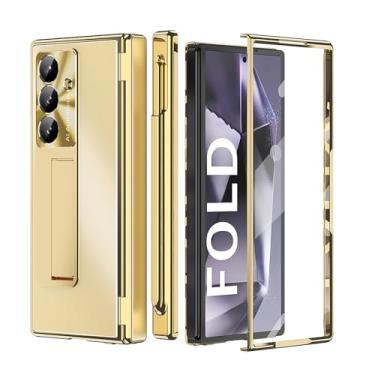 Imagem de HAOMRIYL Capa com dobradiça magnética para Samsung Galaxy Z Fold 7, capa galvanizada de liga de alumínio com suporte de capa de proteção para câmera, dourada, Z Fold 7