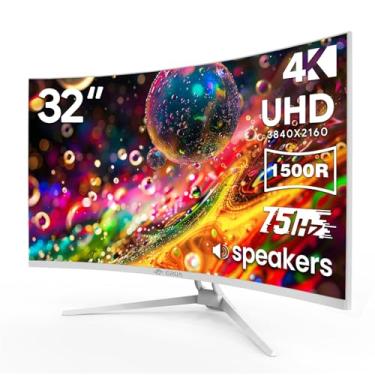 Imagem de CRUA Monitor curvo branco de 32 polegadas, tela VA 4K UHD (3840 x 2160P), monitor de computador de 75 Hz suporta AMD Freesync, 120% sRGB, alto-falantes embutidos, filtro de luz azul, instalações