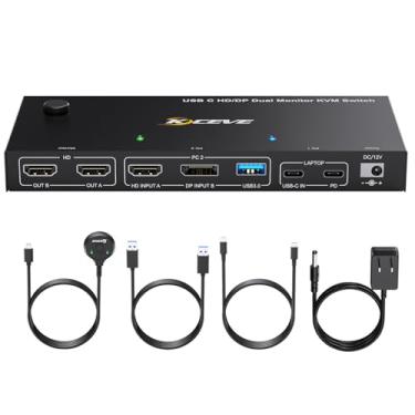 Imagem de Interruptor USB C HDMI DP KVM para 1 desktop + 1 laptop, switch KVM de monitor duplo 4K a 60Hz suporta PD com cabo USB C, controlador com fio e adaptador de energia