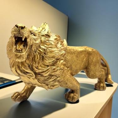 Imagem de Estátua de leão forte de 33 cm, escultura, resina, presentes colecionáveis para amantes de leões, escritório, decoração de casa, acessórios de mesa, decoração de jardim, decoração ao ar livre, dourado