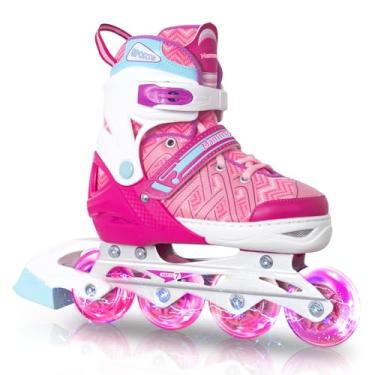 Imagem de Patins em linha para meninas e meninos, patins ajustáveis ao ar livre para crianças jovens iniciantes com iluminação total, seguro, durável, rosa, tamanho 1, 2, 3, 4