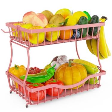 Imagem de Zurklulu Cesta de frutas de 2 camadas para balcão de cozinha com 2 cabides de banana – Tigela de frutas de metal para armazenamento de cebola, vegetais, lanches, pães – Organizador de bancada – rosa