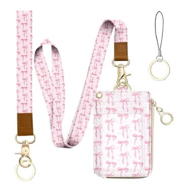 Imagem de bolimoss Linda carteira de cordão de laço rosa, porta-crachá de identidade 2 em 1 e porta-cartões de crédito de couro, bolsa feminina com zíper para moedas com alça de pulso removível e cordão de
