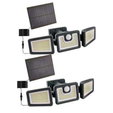 Imagem de JMKMGL Luzes solares com sensor de movimento – 312 LEDs à prova d'água, segurança contra inundação, 3 cabeças ajustáveis com ângulo de iluminação amplo de 270°, luz de parede para jardim, quintal