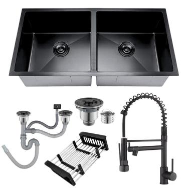 Imagem de Cuba Dupla Inox Preta Inox 75X41 + Torneira Monocomando Luxo