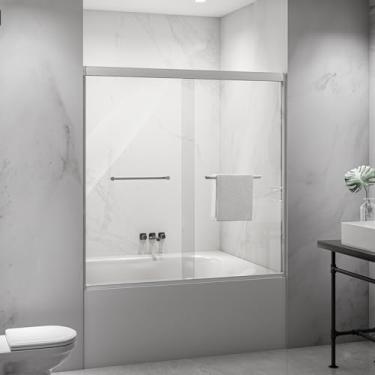 Imagem de Porta de chuveiro deslizante dupla com moldura de alumínio de níquel escovado com vidro temperado à prova de explosão de 6 mm (níquel escovado, 60 x 60)