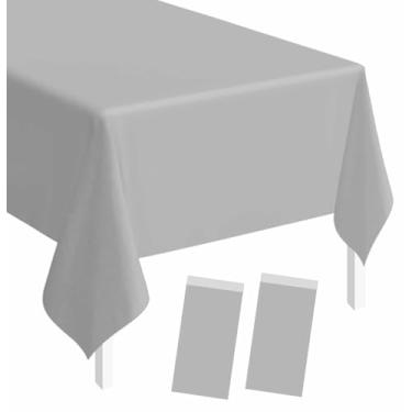 Imagem de SietDESEO Pacote com 2 toalhas de mesa de plástico prata 137 x 278 cm toalha de mesa descartável premium capa de mesa de plástico para festa de casamento e chá de bebê