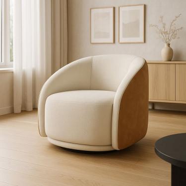 Imagem de Poltrona Eva 87cm Giratoria Boucle Suave Bege Corino Terracota Premiun Para Sala Luxo