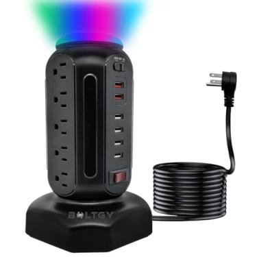 Imagem de BOLTGY - Estação de carregamento rápido total, protetor com 15 saídas CA e 6 portas USB (2 carregamento rápido), protetor de picos de torre, cabo de extensão de 6,5 pés para escritório em casa,