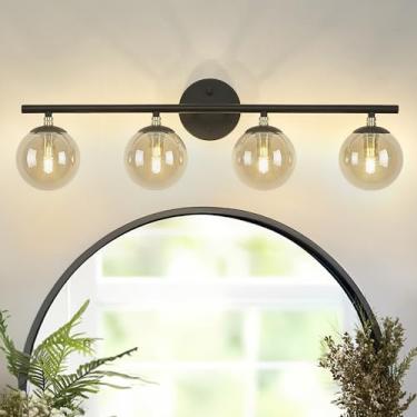 Imagem de LMS Luminária de maquiagem preta fosca de 4 luzes, iluminação de banheiro moderna sobre espelho, acabamento dourado preto e latão com sombra de vidro globo, LMS-116-4