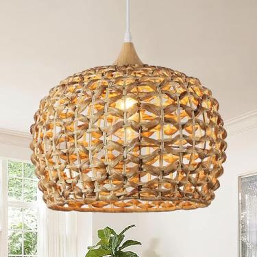 Imagem de Karjearl Luzes pendentes Boho, lustre de vime trançado à mão de 39,9 cm 1 luz com sombra de jacinto de água, luz suspensa de cúpula costeira para sala de jantar, cozinha ilha