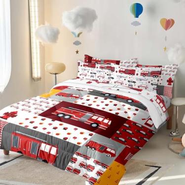 Imagem de Yasida Jogo de cama Queen Queen com 7 peças, caminhão de bombeiros, edredom queen com lençóis, edredom de verão em uma bolsa, roupa de cama infantil de microfibra para todas as estações