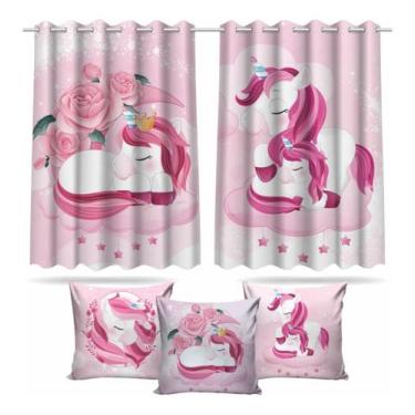 Imagem de Kit Cortina + 3 Capas Almofadas Infantil Unicórnio Mod 02 - Decorando 