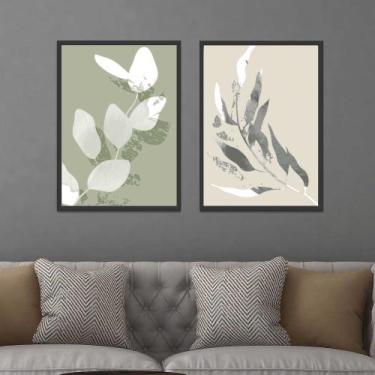 Imagem de Conjunto Quadros Decorativos com Moldura Folhas Tons Verde e Bege Kit 