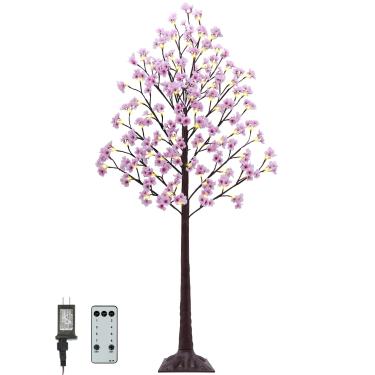 Imagem de Árvore de cerejeira iluminada de 1,8 m - Árvore de cerejeira artificial sintética com 112 luzes, 336 flores exuberantes, temporizador, controle remoto, árvore rosa de 8 modos para decoração interna e