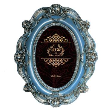 Imagem de ALKSIXZA Moldura oval vintage, 10 x 15 cm, moldura antiga, para exibição de mesa e decoração de parede (azul e preto)