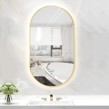Imagem de Parede Iluminada Led Para Banheiro Oval Com Vaidade De Moldura De Metal Com Luzes 3 Cores Light Dimmable Touch Switch, Gold, 40x70cm