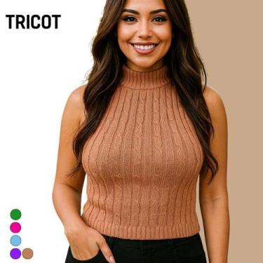 Imagem de Blusa Tricot Canelado Regata com Trancinha Verão Gola Alta - Vitrine C