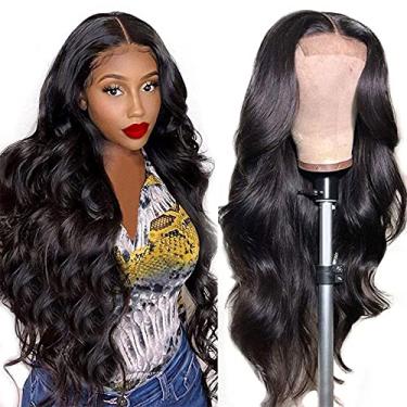 Imagem de ZHUIGUANGZE Perucas de cabelo humano ondulado frontal de 66 cm, cabelo humano pré-arrancado brasileiro sem cola, cabelo sintético sintético transparente frontal de renda preta natural para mulheres