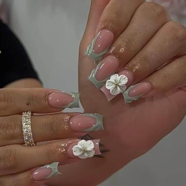Imagem de RUOKEXIN Unhas postiças quadradas de ponta francesa de comprimento médio com desenhos de flores 3D, unhas artificiais verdes brilhantes, cola acrílica nas unhas, prensa fofa para mulheres, 24 peças