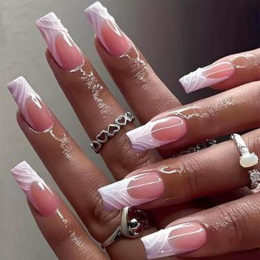 Imagem de RUOKEXIN Unhas postiças longas quadradas de ponta francesa, unhas postiças rosa com designs 3D, prensas de unhas longas, cola completa nas unhas, unhas artificiais brilhantes, bastões fofos para