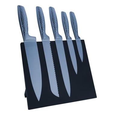 Imagem de Conjunto de facas de cozinha, conjunto de 6 peças de blocos de facas revestidas de titânio azul com bloco magnético de madeira, conjunto de facas afiadas de aço inoxidável antiaderente e