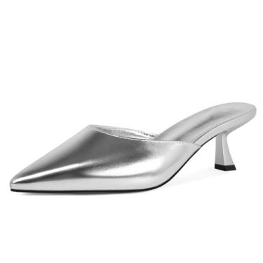 Imagem de Fericzot Sapato feminino de malha com salto gatinho sem cadarço, bico fino, fechado, salto agulha baixo, festa de casamento, uso diário, Prata, 38