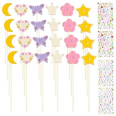 Imagem de Varinhas de fadas de princesa, 6 estilos de varinha de princesa de madeira inacabada, adesivos de pedras preciosas, DIY varinha mágica artesanato lua borboleta varinha mágica para meninas faça sua