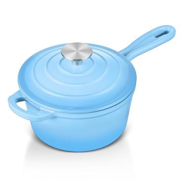 Imagem de Panela de molho de ferro fundido esmaltado com tampa, panela de 1 litro com tampa, panela de cozinha de forno holandês de ferro fundido esmaltado pequeno para todos os cooktops, sopa, leite - até 260