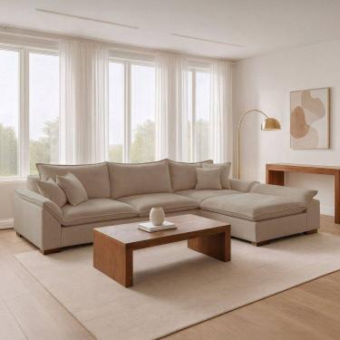 Imagem de Sofá Modulado com Chaise e Almofadas Soltas M201 Base em Madeira Maciça Bege