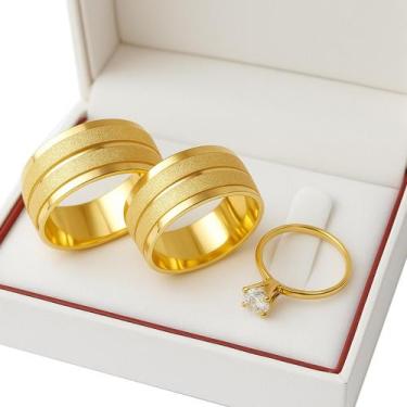Imagem de Par Alianças Casamento Banhada Ouro 18k Tradicional Noivado Anel Anatô