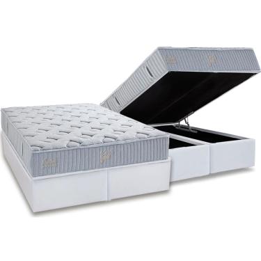 Imagem de Cama Box Baú King: Colchão Molas Ensacadas Herval Premium + Base CRC Linhão White (193x203)