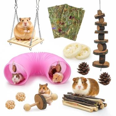 Imagem de matafat Kit de brinquedos de porquinho-da-índia com túnel de plástico divertido para hamster rosa, brinquedos de mastigar pequenos animais com lascas de feno natural Timothy, 30 peças de acessórios de