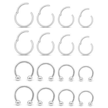 Imagem de Kridzisw Anéis de nariz de 20 g para mulheres e homens, aço inoxidável cirúrgico, hipoalergênico, articulado, septo, narina, lábios, clique, cartilagem, hélice, daith, tragus, torre, concha, orelha