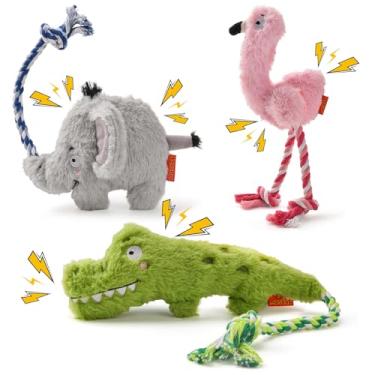 Imagem de AUSCAT Brinquedo de corda para cachorro de pelúcia, brinquedos duráveis para cães pequenos e médios (não para mastigadores agressivos), crocodilo, elefante e flamingo