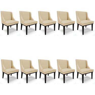 Imagem de Kit 10 Cadeiras Estofadas para Sala de Jantar Base Fixa de Madeira Preto Lia Veludo Luxo Off White - Ibiza
