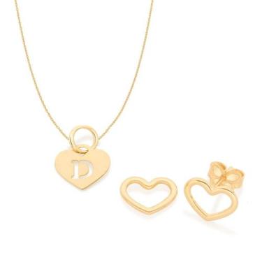 Imagem de Kit Rommanel Brinco Coração Colar 42cm Letra D Pra Presente