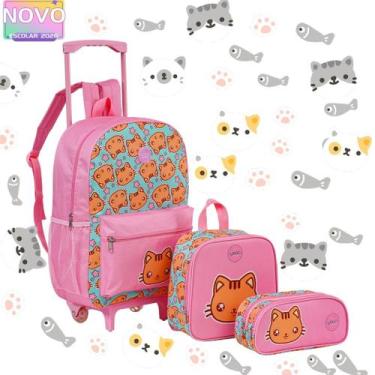Imagem de Kit Mochila Rodinha Escolar Infantil Meninas Gatinha com Lancheira e E