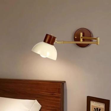Imagem de Luminária de parede de madeira nórdica, arandela de braço oscilante dourada, cabeceira ajustável flexível, iluminação de leitura, abajur de metal creme, luminária de decoração para casa em m