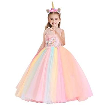 Imagem de HOIZOSG Vestido de tule para meninas, unicórnio, arco-íris, aniversário, Halloween, Natal, concurso, festa de dança, vestido de baile com faixa de cabeça, Arco-íris 002, 12-13 Anos