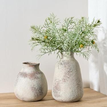 Imagem de PORCER Conjunto de 2 vasos de cerâmica para decoração de casa, vasos de terracota vintage feitos à mão, decoração de fazenda rústica, conjunto de vasos decorativos minimalistas para mesa de centro de