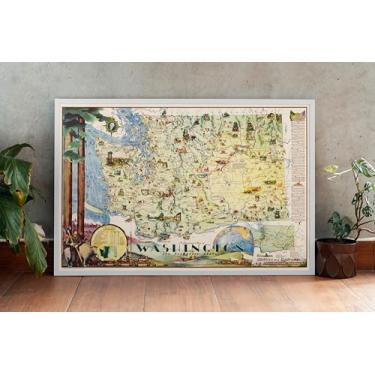 Imagem de Mapa histórico - Mapa pictórico de Washington, The Evergreen State, 1948, arte de parede vintage - 61 cm x 40 cm