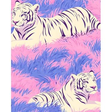 Imagem de BOKEBEVE Papel de parede animal tigre descascar e colar papel de parede selva papel de contato tropical para armário backsplash quarto removível locatário amigável rosa azul 17,5 x 393,5 pol