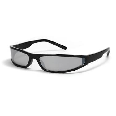 Imagem de Óculos de sol retangulares com armação estreita, estilo streetwear, Y2K, feminino, vintage, esportivo, preto e prateado, BH01