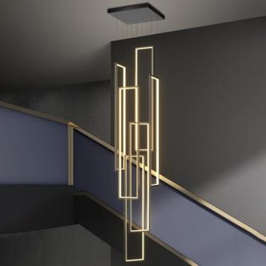 Imagem de Luminária pendente LED moderna regulável com controle remoto, altura ajustável, 230 W, lustre longo de escada, luminária de teto alto para foyer de hotel, lustre retangular de 6 anéis, preto