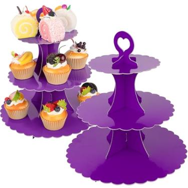 Imagem de Suporte de cupcake de 3 camadas, pacote com 2 unidades, suporte de sobremesa, suporte de bolo, torre, papel redondo, exibição de bolo, prato de servir para aniversário, batizado, suporte de