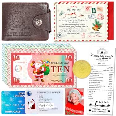 Imagem de HOWAF Kit de evidências de carteira perdida do Papai Noel - inclui licença de voo de trenó, cartão de banco, 6 peças de dinheiro do Polo Norte, recibos de compras, cartas, foto para conjunto mágico de