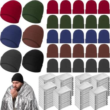 Imagem de Cutecrop 120 peças de gorros de inverno cobertores térmicos de emergência para sem-teto unissex quente tricotado com punho boné de caveira folha de prata cobertor de sobrevivência ajuda para clima
